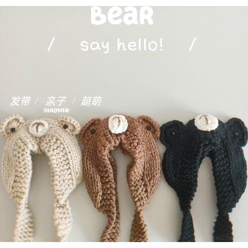 Childrens Super Cute Bear Hairband Autumn And Winter Korean Style Parent-child Warm Earmuffs Wool Hat Cartoon Tie Hat Tide