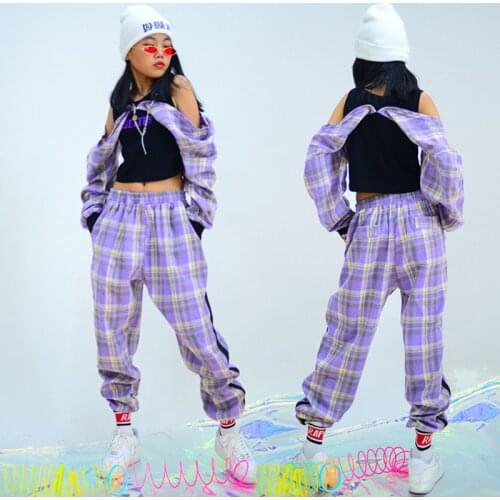 Kids Jazz Dance Costumes Purple Plaid Hiphop Suit Girls Jazz Street Dance Clothing Children Hip Hop Practice Clothes