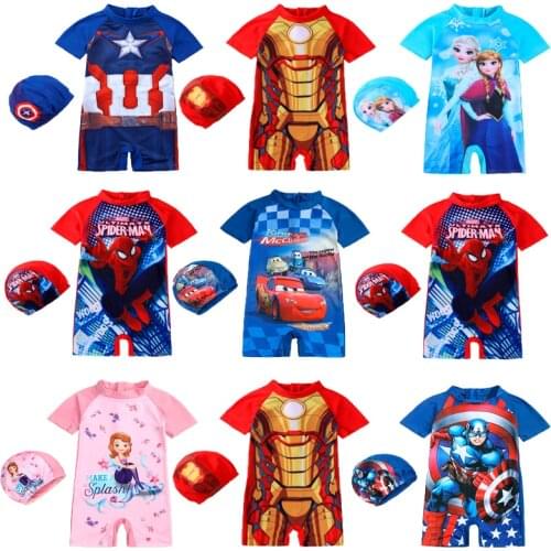 Kid One Piece Swimwear Spiderman Marvel Super Hero Frozen Anna Elsa Pixar Cars Swimming Boy Beachwear Baby Bathing Cap Suit