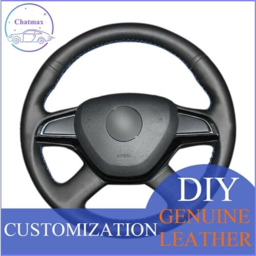 For Skoda Octavia 15-16 Fabia 2014 Rapid Custom Made Black Leather Car Steering Wheel Cover anti-slip Design all season