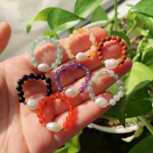 Healing Chakra Natural Stone Jewelry Ring Multi Color Crystal Quartz Real Pearl Charm Elastic Stackable Adjustable Bead Rings