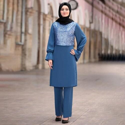 Ramadan 2 Piece Set Muslim Women Turkish Asymmetry Abaya Blouse Wide Leg Pants Kaftan Eid Suit Islamic Clothes Djellaba Musulman