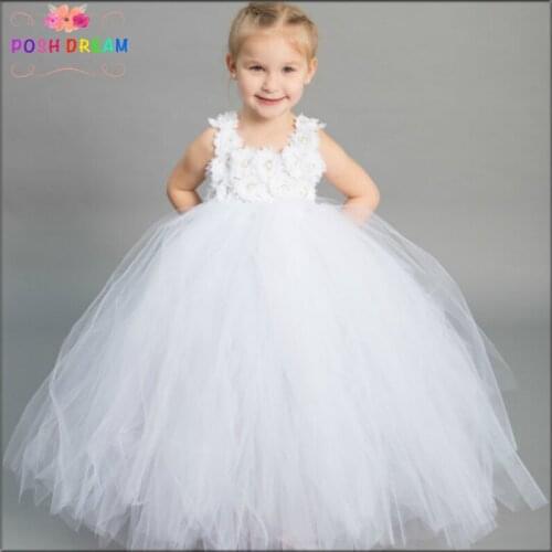 POSH DREAM Beautiful White Flower Girl Wedding Party Dress Baptism Flower Girl Dress White Infant Toddler Baby Christening Dress