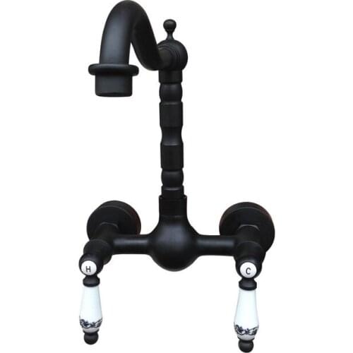 Kitchen Faucet Wall mounted Black Oil Rubbed Bronze Swivel Bathroom Basin Sink Mixer Tap Dual Ceramic Levers anf521