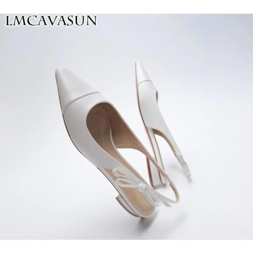 LMCAVASUN ZA summer white short heel sandals with low heels and pointed toe high heels with 3cm thick heels Sandals