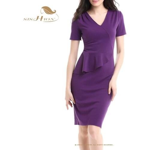 SISHION New Fashion Elegant 2021 O-Neck Patchwork Ruffle Purple Dress Plus Size Work Office Wear Bodycon Dresses VD1844