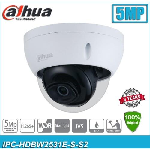 Original Dahua IPC-HDBW2531E-S-S2 Starlight 5MP POE Lite IR Fixed-focal Dome Network IP CCTV Camera HDBW2531E-S-S2