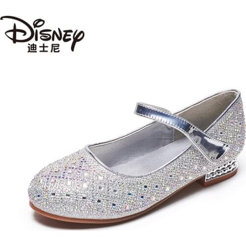 Original Disney Princess Crystal Shoes Girls New Western Style Girl White Dress Shoes Leather Shoes Childrens Small High Heels