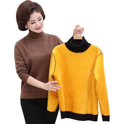 Autumn Winter Women Plus Velvet Padded Plus size Turtleneck Sweater 2018 New Middle aged Mother Loaded Knitting Pullovers WZ466