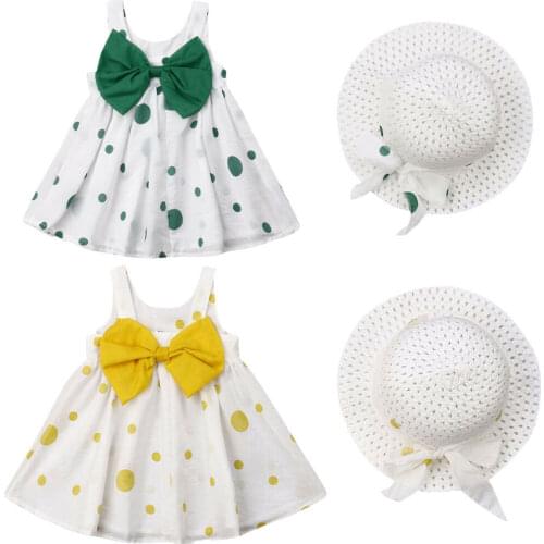 2019 Summer Kids Baby Girl Dress Sleeveless Bowknot Dot Princess Girls Boho Party Dresses Hat 2PCS Children Clothes 6M-3Y
