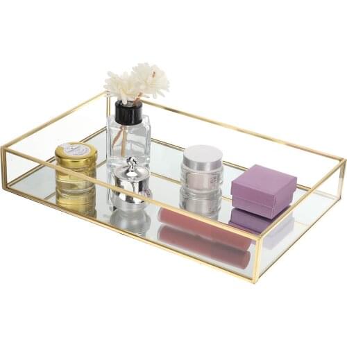 Gold Square Glass Makeup Storage Tray Organizer Fruit Tray Dessert Plate Jewelry Display Mirror Holder Stand Home Kitchen Decor