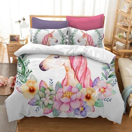 3D effect Unicorn Kawaii Bed Lovely Kids Bedding Set King Size Floral Girl Rhinoceros unicornis Quilt Duvet Cover Home Textiles