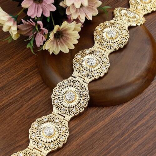 Neovisson Gold Color Round Crystal Women Belt Morocco Ethnic Wedding Jewelry Arab Robe Caftan Belt Sunflower Bridal Bijoux Gift