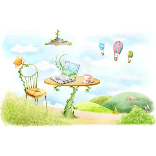 Drawing table chair laptop lamp butterfly circle lianas balloons 4' Size Home Decoration Canvas Poster Print