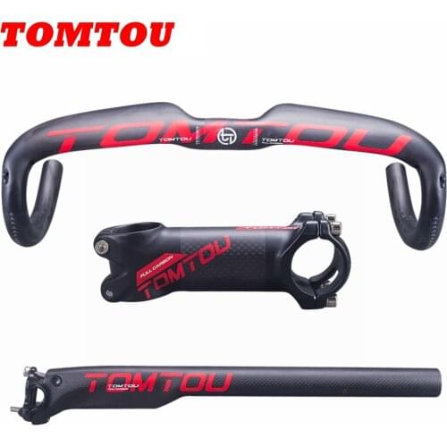 TOMTOU Matte Red Carbon Fiber Road Bicycles Drop Bar Sets Aero Handlebar + Stem + Seatpost Breaking Wind Bike Parts - TS7T12