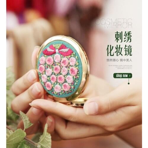 DIY Embroidery Mirror Handcraft Needlework Cross Stitch Kit Mini Round Makeup Mirror Double-Sided Mirror Material Package