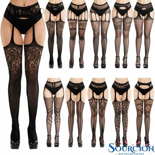 Sourcion Hot Sale Erotic Stockings With Garter Belt For Women Fishnet Pantyhose Plus Size Thigh High Socks Sexy Lingerie apparel