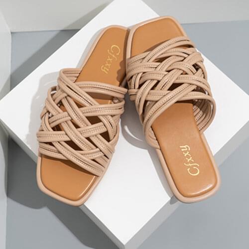 New Women Slippers Woven Thin Strap Flat Sandals for Womens Outer Wear All-match Square Toe Hollow Flat-heeled Womens Slippers
