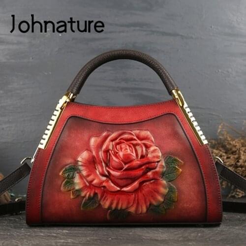 Johnature Genuine Leather Vintage Embossing Women Handbags 2020 New Fashion Casual Tote Cowhide Leisure Shoulder&Crossbody Bags