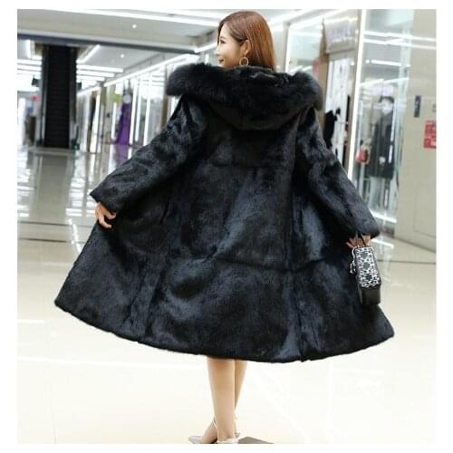 Hooded Female Pure 100% True Genuine Rabbit Fur Coat with Fur Hood and Luxury Natural Fox Fur Collar Customize Plus Size F1975