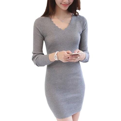 Sweater Women Spring Autumn New Korean v-neck Knit Pullover Slim Thin womens Long Hedging long-sleeved Shirt Vestidos LXJ395