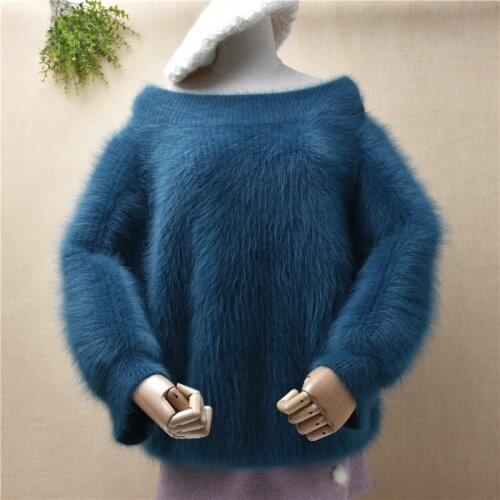 Ladies women winter thick warm hairy fuzzy mink cashmere slash neck three quarter sleeves pullover angora rabbit fur jumper pull