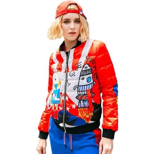Women Winter New Down Jacket Stand Collar Long Sleeve Casual Parka Female Fashion Cartoon Print Coat Red Loose Outerwear Z912