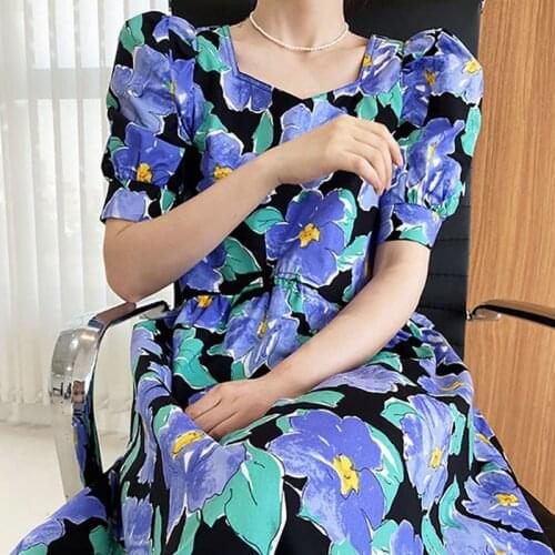 Elegant Vintage Square Neck Long Flower Print Dress Women Korean High Waist Puff Sleeve Casual Vestido Mujer Verano 2021 Summer