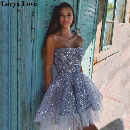 Shiny Sequined Short Cocktail Dresses 2020 Women Formal Party Short Prom Gowns Gray Vestido De Gala Graduation Homecoming Dress