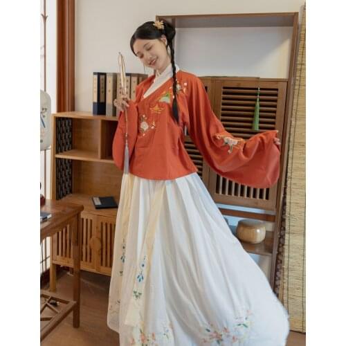 Hanfu womens cross-collar coat skirt lute sleeve embroidery traditional Chinese dress set