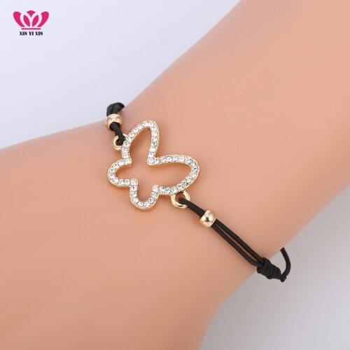 Gold Color Hollow Butterfly Bracelet for Women Rope Chain AAA+ Crystal Bracelet Black Elastic Cord Jewelry Dropshipping 2020
