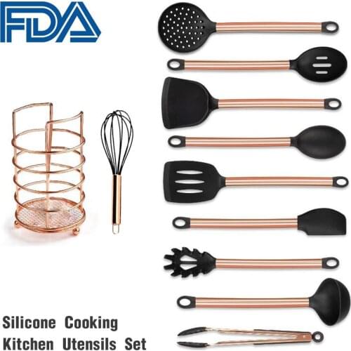 11PCs Copper Plated Handle Silicone Nonstick Cooking Shovel Spoon Kitchen Tool Set Silicone Cooking Kitchen Utensils Set #D0