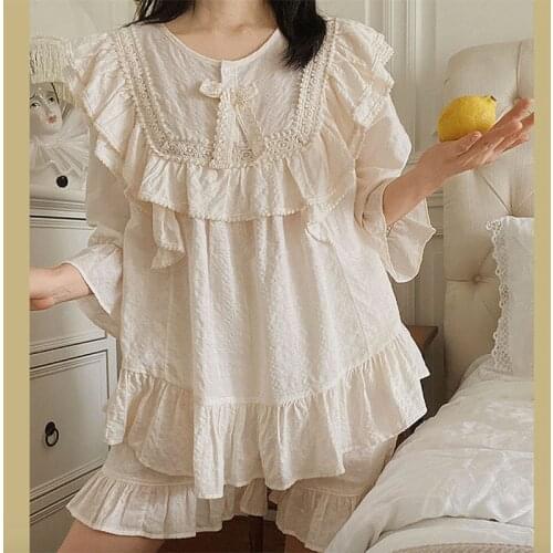 2 Colors Summer Womens Royal Style Home Sleepwear Suit Cotton Princess Pajama Sets Vintage Ladies Girls Ruffle Bow Pyjamas Set