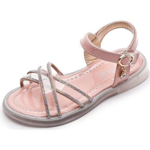 CUZULLAA Kids Rhinestone Strip Beach Sandals Shoes Girls soft Crystal Sole Sandals Children Summer Hook & Loop Shoes Size 26-36