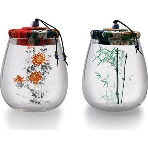 Elegant Handpainted Retro Artistic Glass Tea Can Cloth Covered Cork Lid Food Storage Nuts Jar Goods Puerh tea Caddy