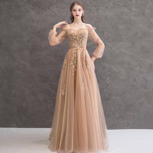 Elegant Boat-Neck Long Sleeve Evening Dress Lace Applique A-Line Prom Dress Lace-Up For Back Party Dress Beaded Pageant Dress
