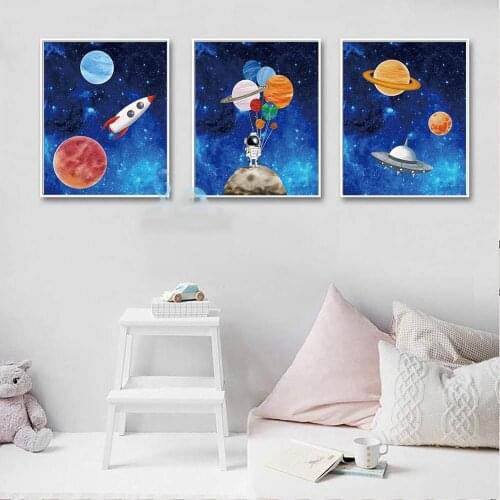 Cute Astronaut Canvas Printings Poster For Boys Room Nursery Galaxy Rocket Landscape Wall Picture Painting Home Decoration