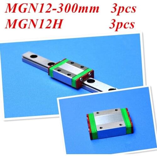 Kossel Pro Miniature MGN12 12mm linear slide :3pcs 12mm L-300mm rail+3pcs MGN12H carriage for X Y Z Axies 3d printer parts cnc