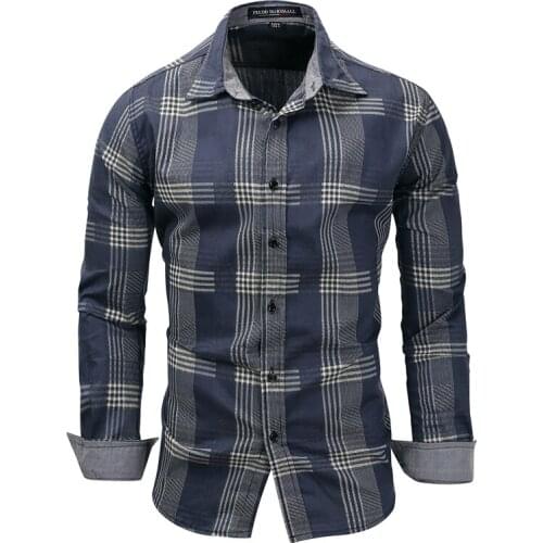 2020 Summer Autumn Men Long Sleeve Patchwork Plaid Denim Dress Shirt 100% Cotton Male Business Social Shirts Brand Men Clothing