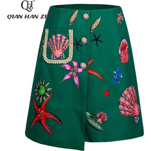 Qian Han Zi 2021 new designer womens skirt Retro green Starfish shell print button crystal beaded fashion mini skirt
