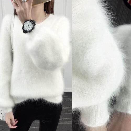 Autumn Winter Lantern Sleeve Faux Mink Cashmere Pullover Knitted Sweater Women Warm Plush Women Sweater Thicken Pullovers C5718