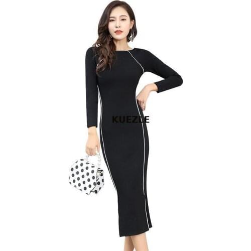 Pure cotton elegant dress 2020 fashion Crew neck striped women retro over the knee Sheath vestidos office robe femme XXL Black