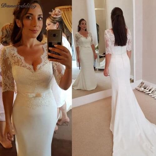 Simple V-Neck Half Sleeve Mermaid Wedding Dresses Vintage Refinement Lace Spandex Sashes Bow Chapel Train Bridal Dress