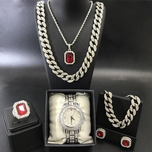 Luxury Men Silver Color Watch & Neckalce & Braclete & Ring & Earring Combo Set Ice Out Cuban Jewerly In Crystal Neckalce For Men