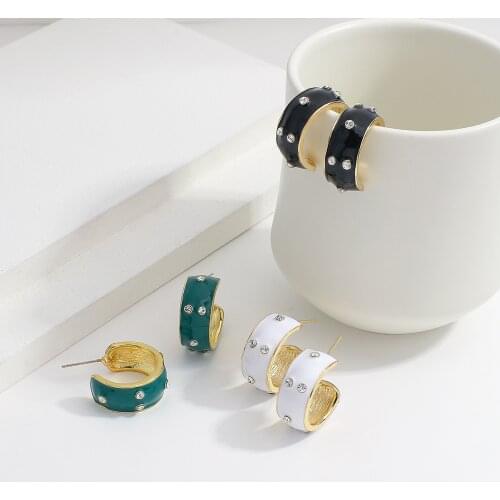 Flashbuy Simple C Shape Rhinestone Zircon Metal Enamel Hoop Earrings for Women Fashion Statement Bijoux Jewelry Accessories