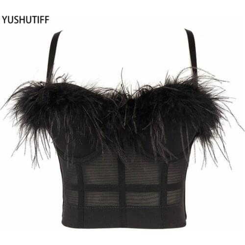 Crop Tank Top Animal Feather Tassel Mesh Sexy Tops Female Crop Top Women Summer Camis Tops With Built In Bra Push Up Bralette