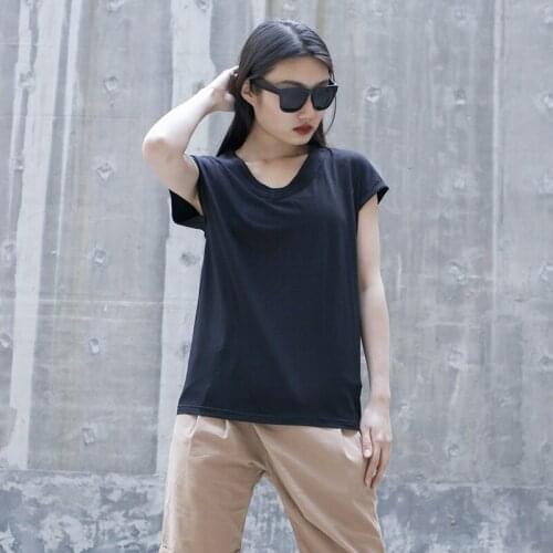 Womens new summer style Yamamoto style personality fashion sleeveless bat sleeve large size V neck short sleeve T-shirt