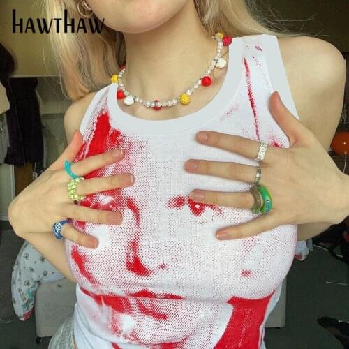 Hawthaw Women Summer Fashion Sleeveless O Neck Printed Slim Skinny Short Tank Tops 2021 Female Clothing Streetwear