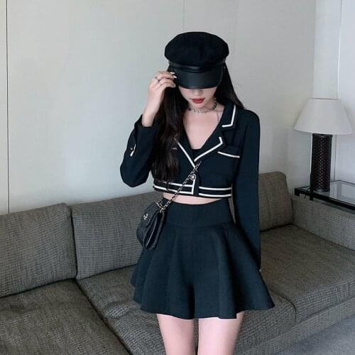 Womens Black Suit Jjacket + High Waist Short Skirt Suits Female Autumn Cute Student Playful 2-Piece Sets