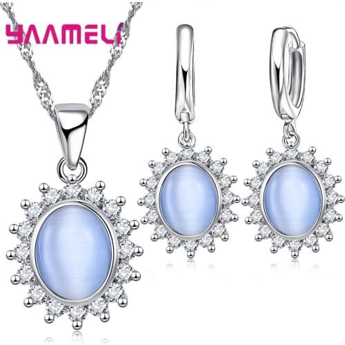 Vintage Beautiful Flower Crystal Jewelry Set 925 Sterling Silver Pendant Necklace Drop Earrings Chains For Women
